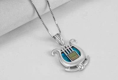 Nano Sim OB Silver Pendant - David's Harp with Roman Glass From The Holy Land - Spring Nahal