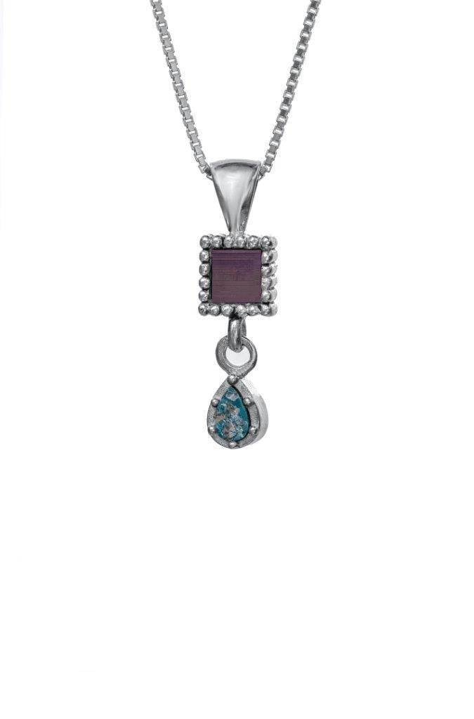 Nano Sim OB Silver Pendant - Drop Studded with Roman Glass From the Holy Land - Spring Nahal