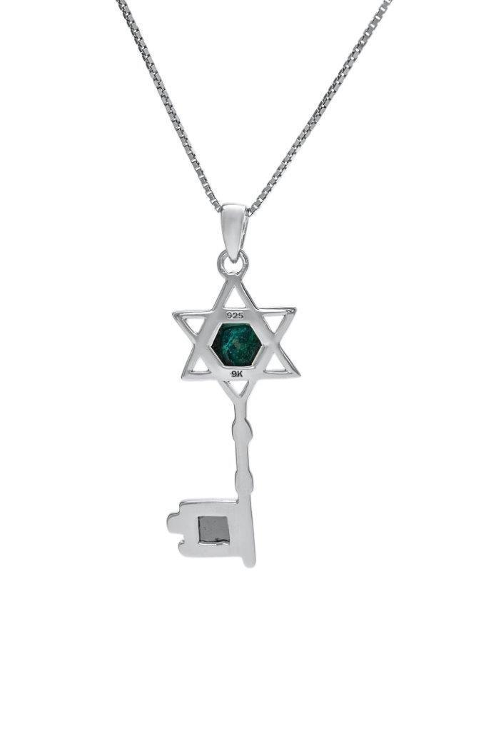 Nano Sim OB Silver Pendant Star of David Key Chain with 9K Gold and Eilat stone From the Holy Land - Spring Nahal