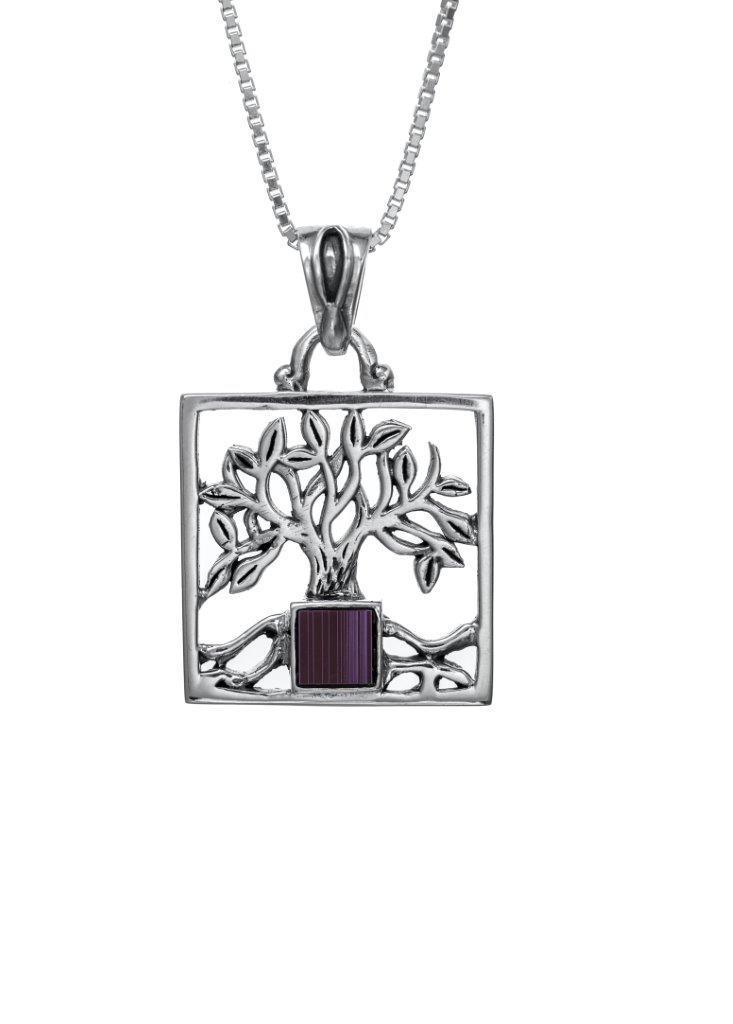 Nano Sim OB Silver Pendant - Tree of Life with Square Frame from the Holy Land - Spring Nahal