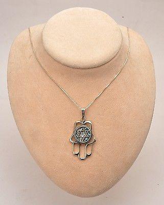 Roman Glass Hamsa Hand With Magen David In Necklace Sterling Silver 925 - Spring Nahal