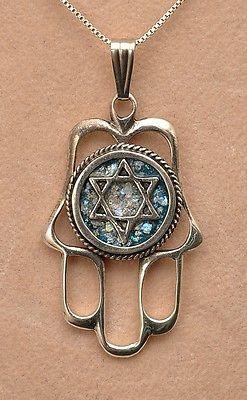 Roman Glass Hamsa Hand With Magen David In Necklace Sterling Silver 925 - Spring Nahal