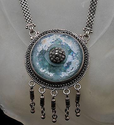 Roman Glass Large Stone Necklace Silver 925 Hand Made Special Chain Certificate. - Spring Nahal