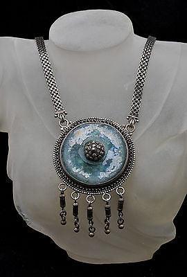 Roman Glass Large Stone Necklace Silver 925 Hand Made Special Chain Certificate. - Spring Nahal
