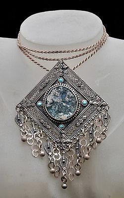Roman Glass Stone Necklace Silver 925 Hand Made Special Chain Certificate. - Spring Nahal