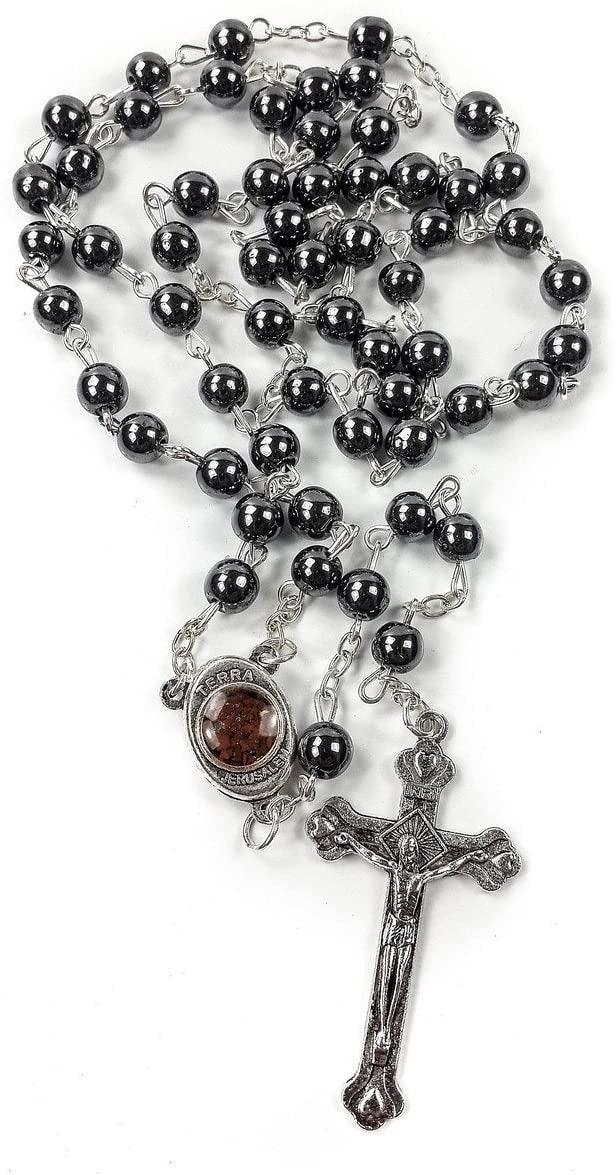 Spring Nahal Hematite Rosary Black Stone Beads Necklace With Jerusalem Holy Soil & Cross - Spring Nahal