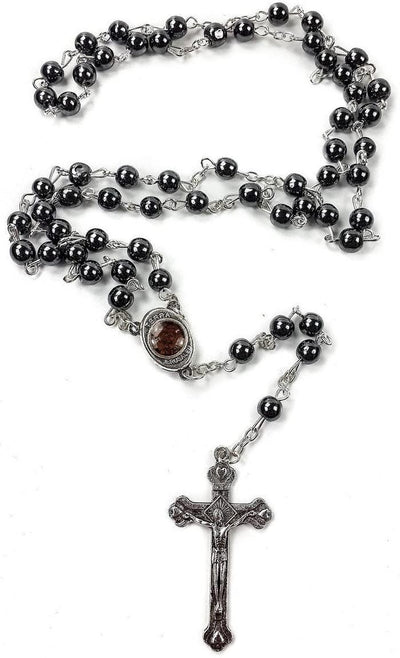 Spring Nahal Hematite Rosary Black Stone Beads Necklace With Jerusalem Holy Soil & Cross - Spring Nahal