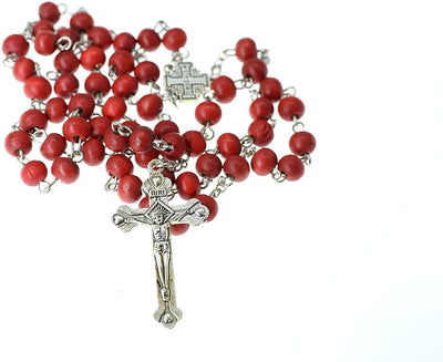 SpringNahal Set of 12 Red Rose Rosary Blessed Catholic Cross Petal Red Rare Carved Beads & Silver Plated - Spring Nahal
