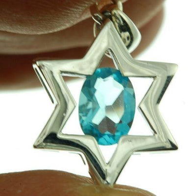 Star Of David Pendant In Azure Gemstone + 925 Sterling Silver Necklave 1# - Spring Nahal