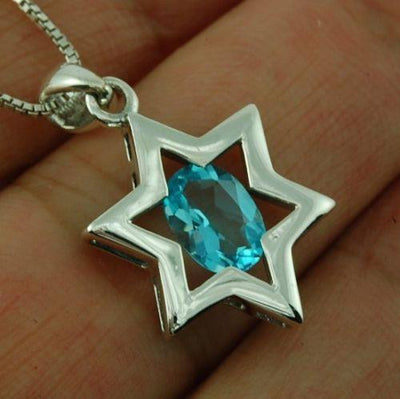 Star Of David Pendant In Azure Gemstone + 925 Sterling Silver Necklave 1# - Spring Nahal