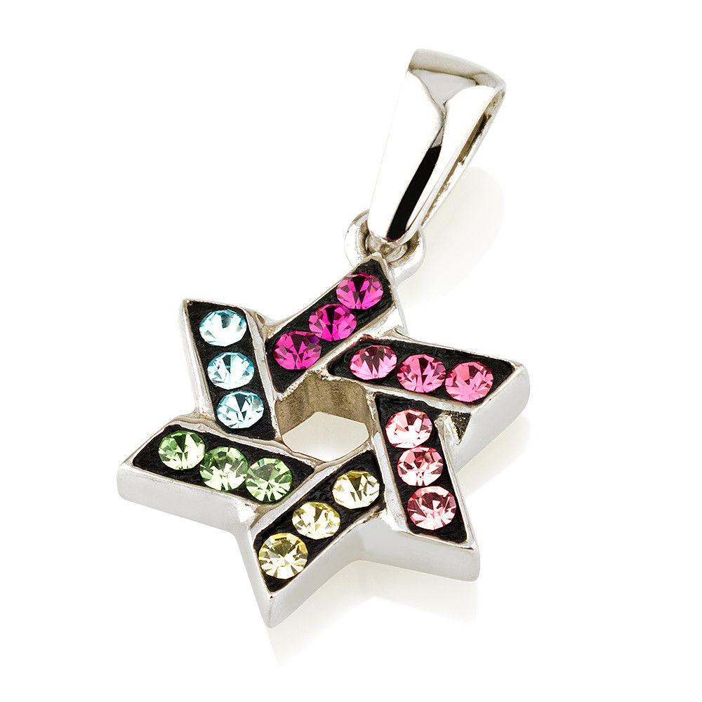 Star of David Pendant Multi Colors Gemstones + Sterling Silver Necklace #15 - Spring Nahal