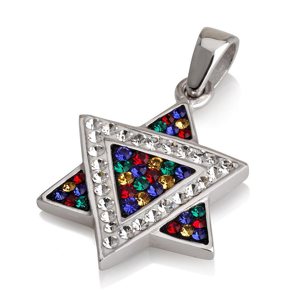 Star of David Pendant Multi Colors&White Gemstones + Sterling Silver Necklace - Spring Nahal