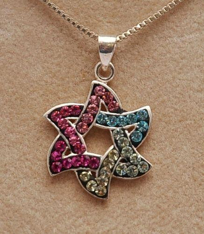 Star Of David Pendant With Multi Colors Gemstones Sterling Silver 925 Necklace - Spring Nahal