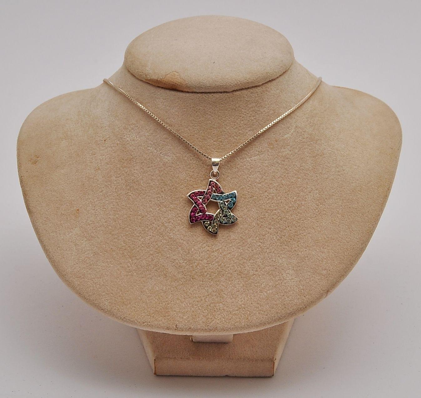 Star Of David Pendant With Multi Colors Gemstones Sterling Silver 925 Necklace - Spring Nahal