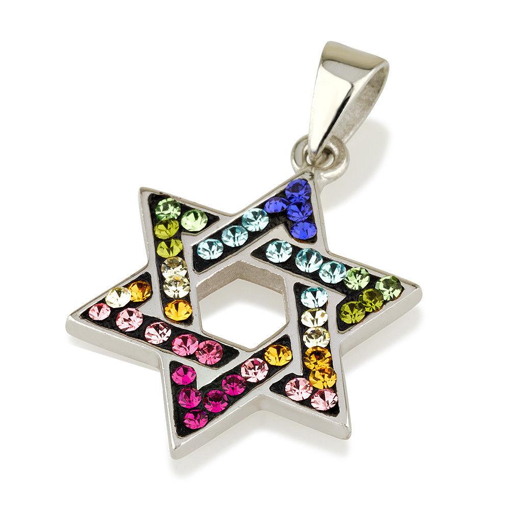 Star of David Pendant with Multi Colors Gemstones + Sterling Silver Necklace #5 - Spring Nahal