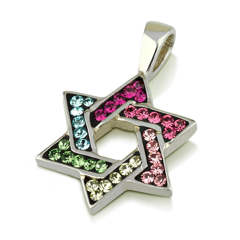 Star of David Pendant with Multi Colors Gemstones + Sterling Silver Necklace #8 - Spring Nahal