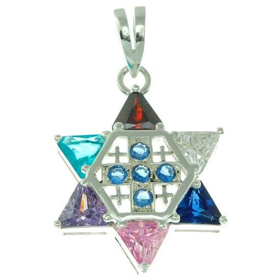 Star of David with Jerusalem cross Silver 925 Pendant With Blue Colored Stones - Spring Nahal