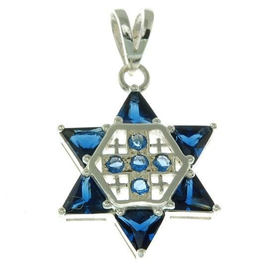 Star of David with Jerusalem cross Silver 925 Pendant With Colored Stones - Spring Nahal