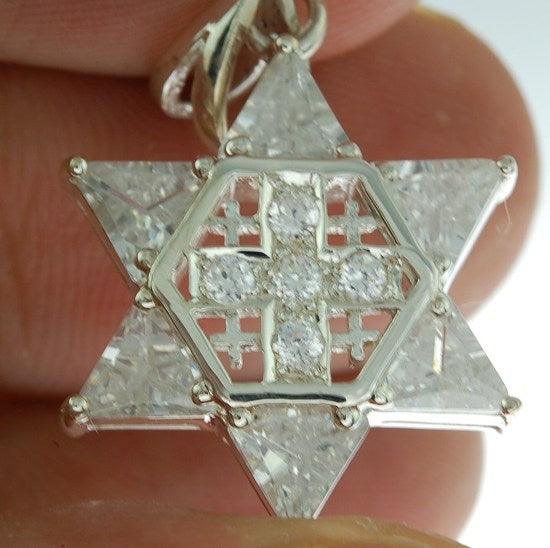 Star of David with Jerusalem cross Silver 925 Pendant With White Colored Stones - Spring Nahal