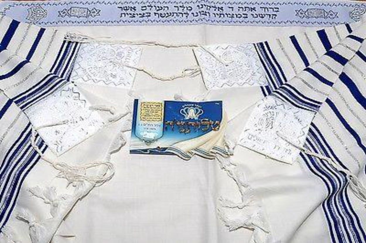 Tallit Prayer Shawl New Wool Blue & Silver Model 50 Size 174cm x 120cm - Spring Nahal